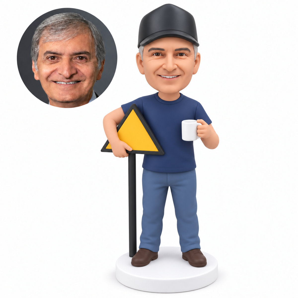 custom bobblehead figure man holding a mug and hugging a triangular sign