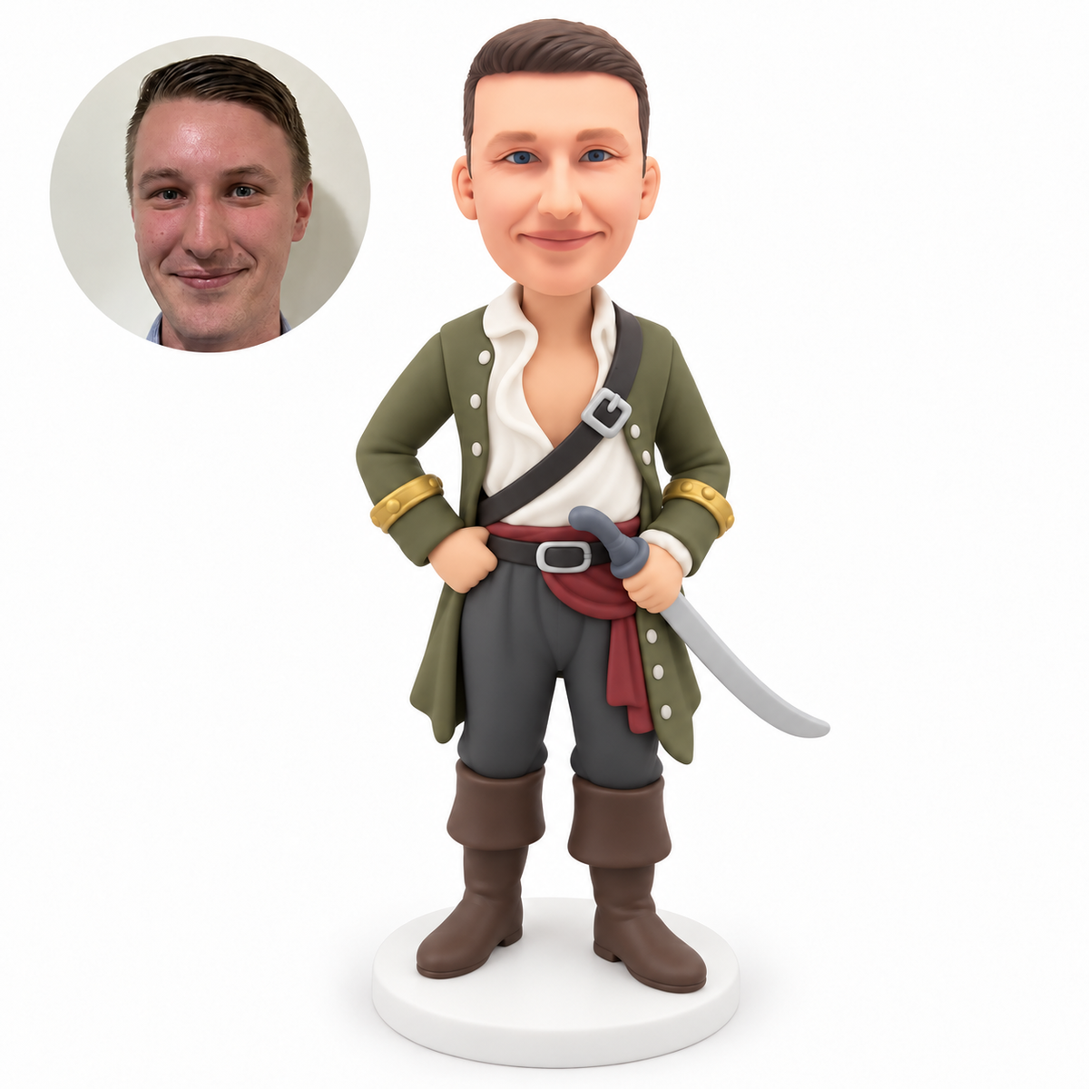custom bobblehead figure pirate in a long coat holding a lowered cutlass at his waist
