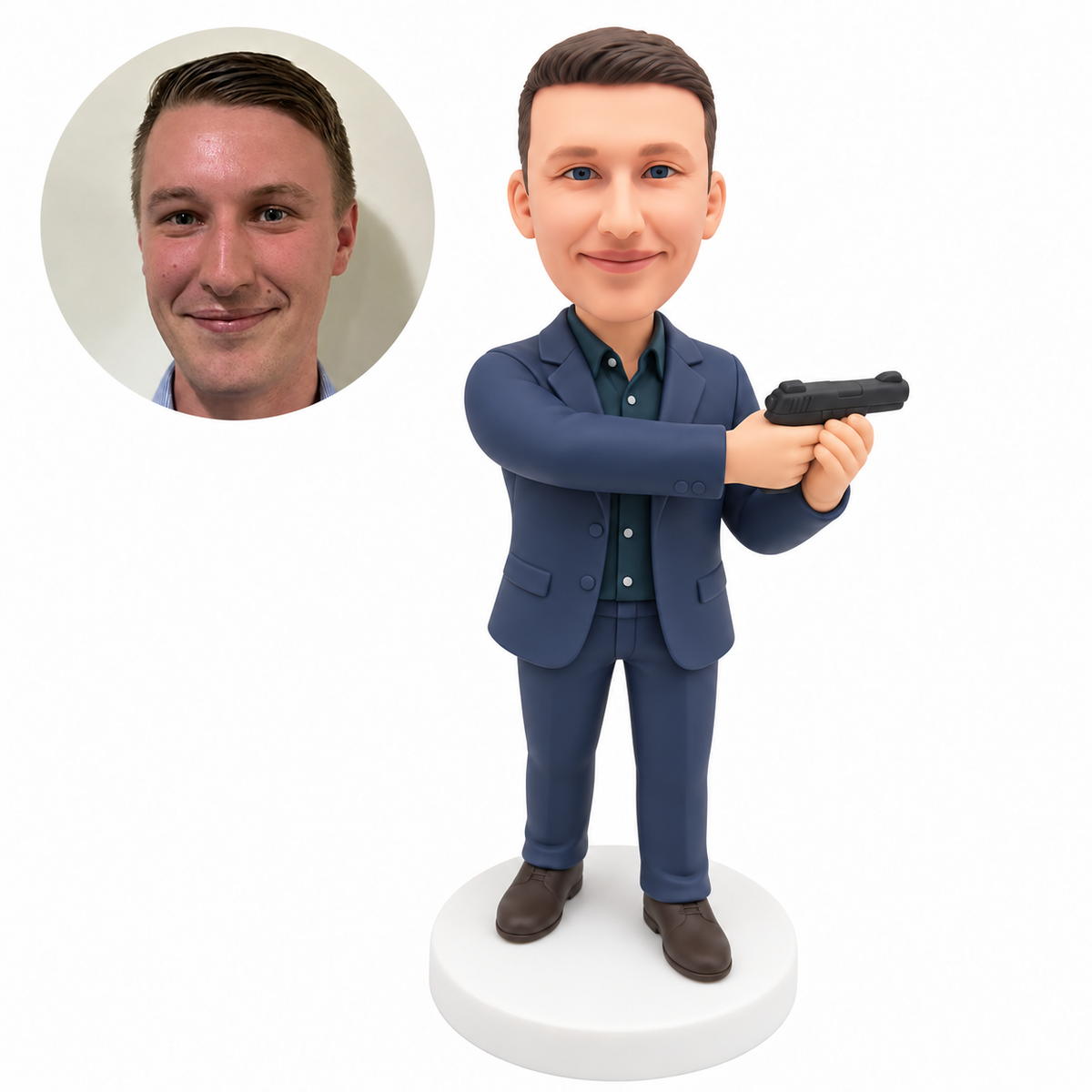 custom bobblehead figure man in a suit holding one miniature prop pistol with both hands turned to the side