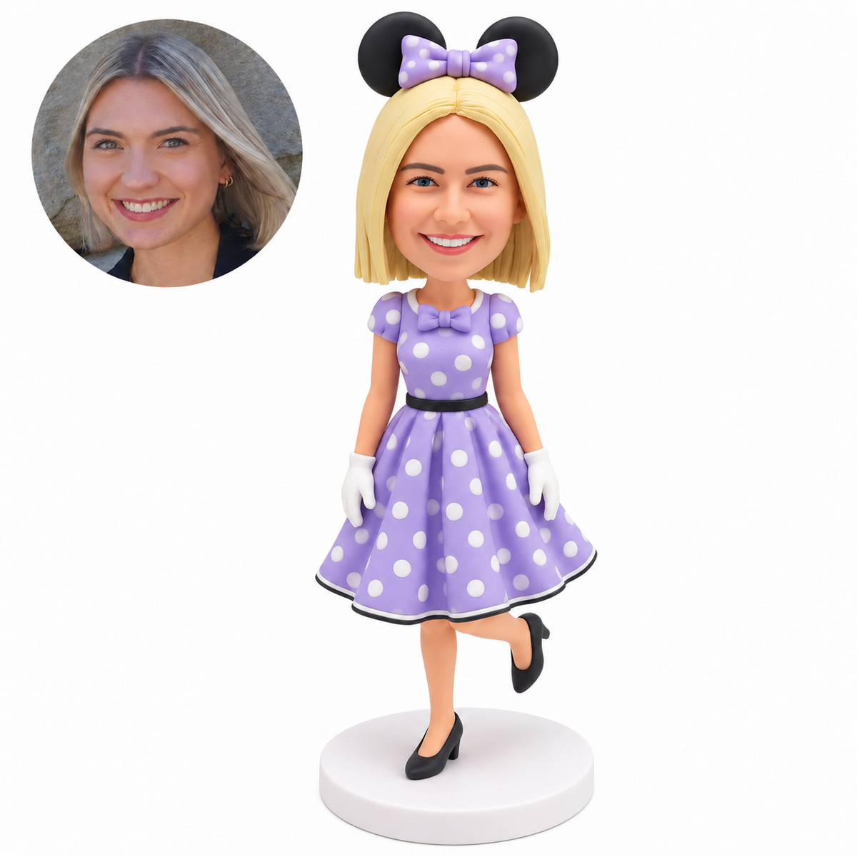 custom bobblehead figure woman in a polka dot dress and round ear headband with one heel lifted behind her
