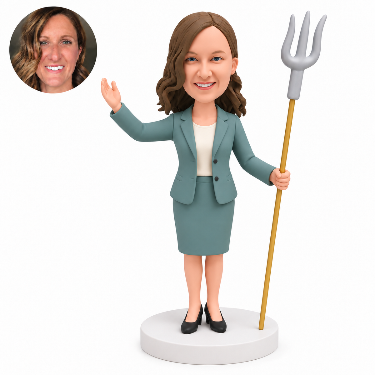 custom bobblehead figure woman in a skirt suit raising one arm and holding a grounded trident