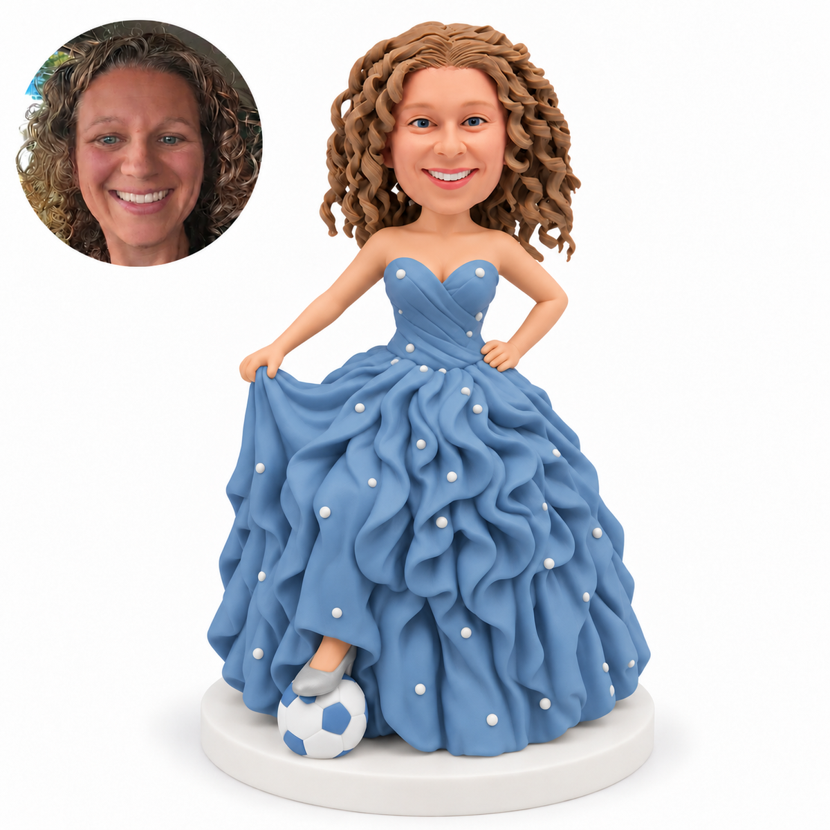 custom bobblehead figure woman in a full ruffled gown lifting her skirt with one foot on a soccer ball