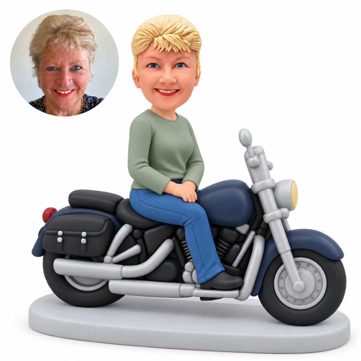 custom bobblehead figure woman seated on a cruiser motorcycle with both hands resting in her lap