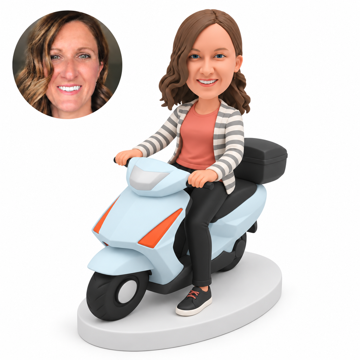 custom bobblehead figure woman on a modern scooter with a rear top box and one foot on the base
