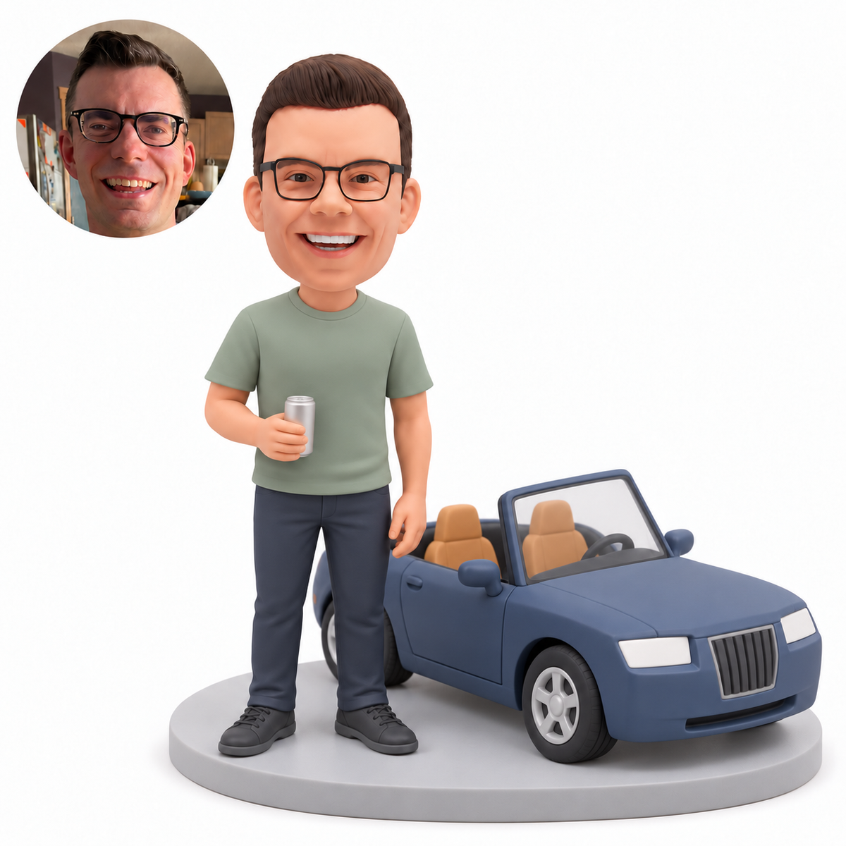 custom bobblehead figure man holding a drink beside a compact convertible