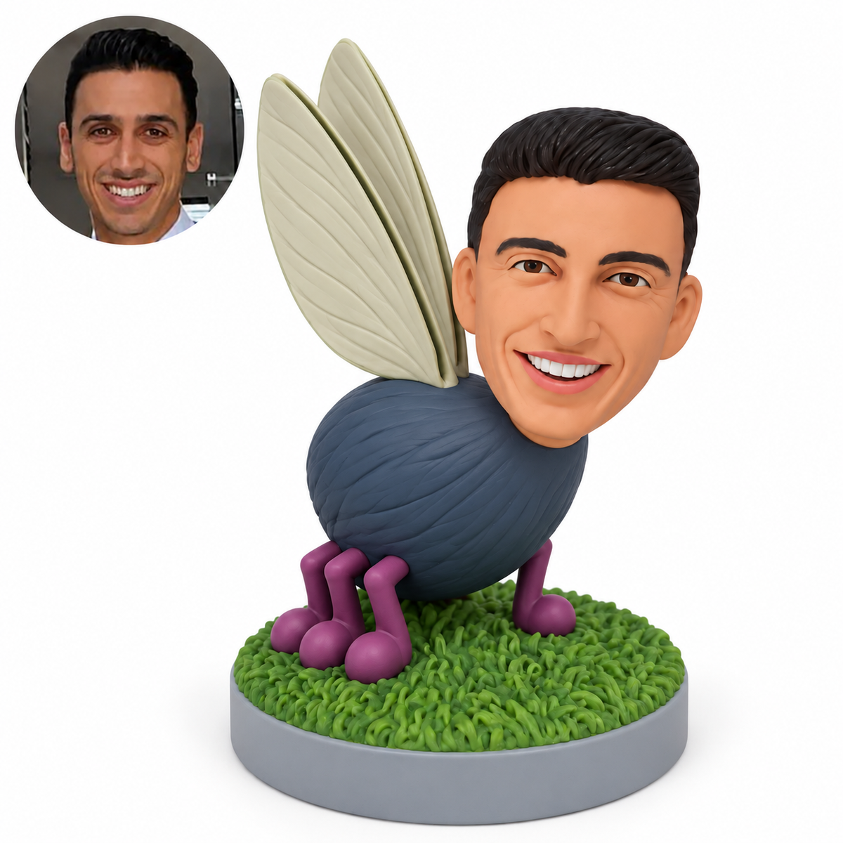 custom bobblehead figure man with a winged insect body on a grass base