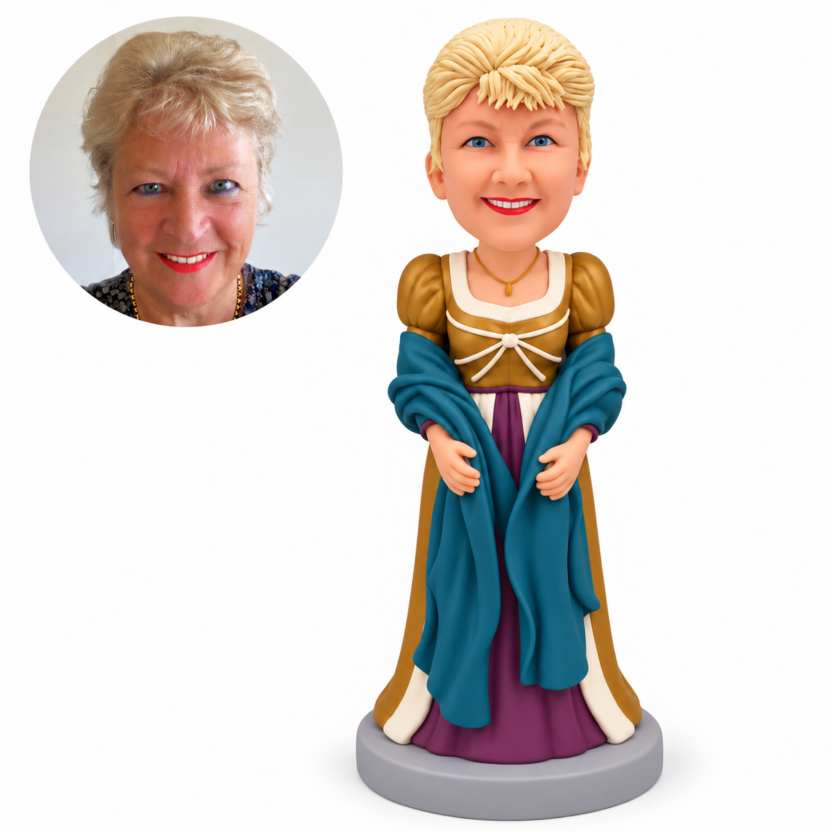 custom bobblehead figure woman in a period gown with long draped fabric over her forearms
