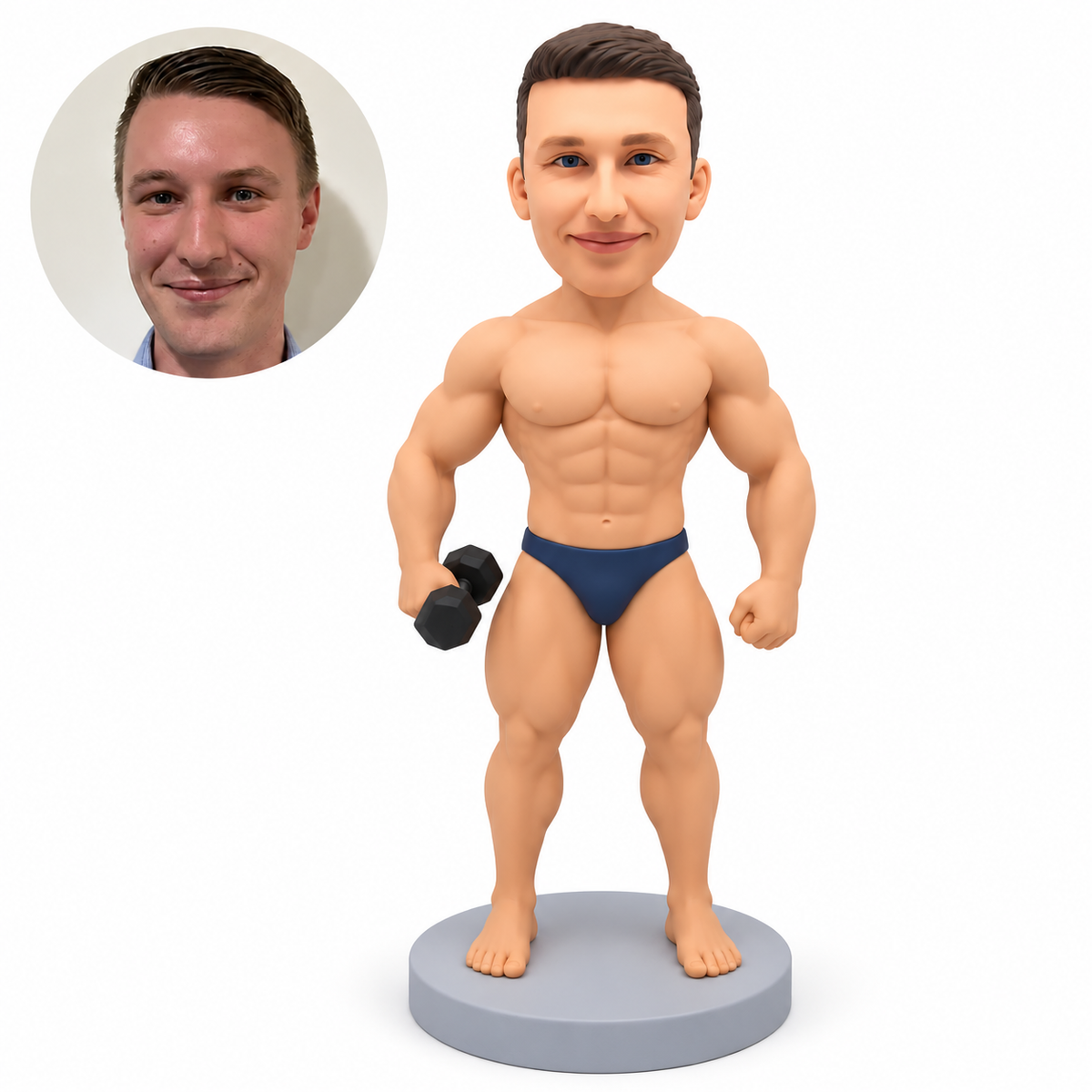 custom bobblehead figure male bodybuilder holding one dumbbell low with his other fist lowered