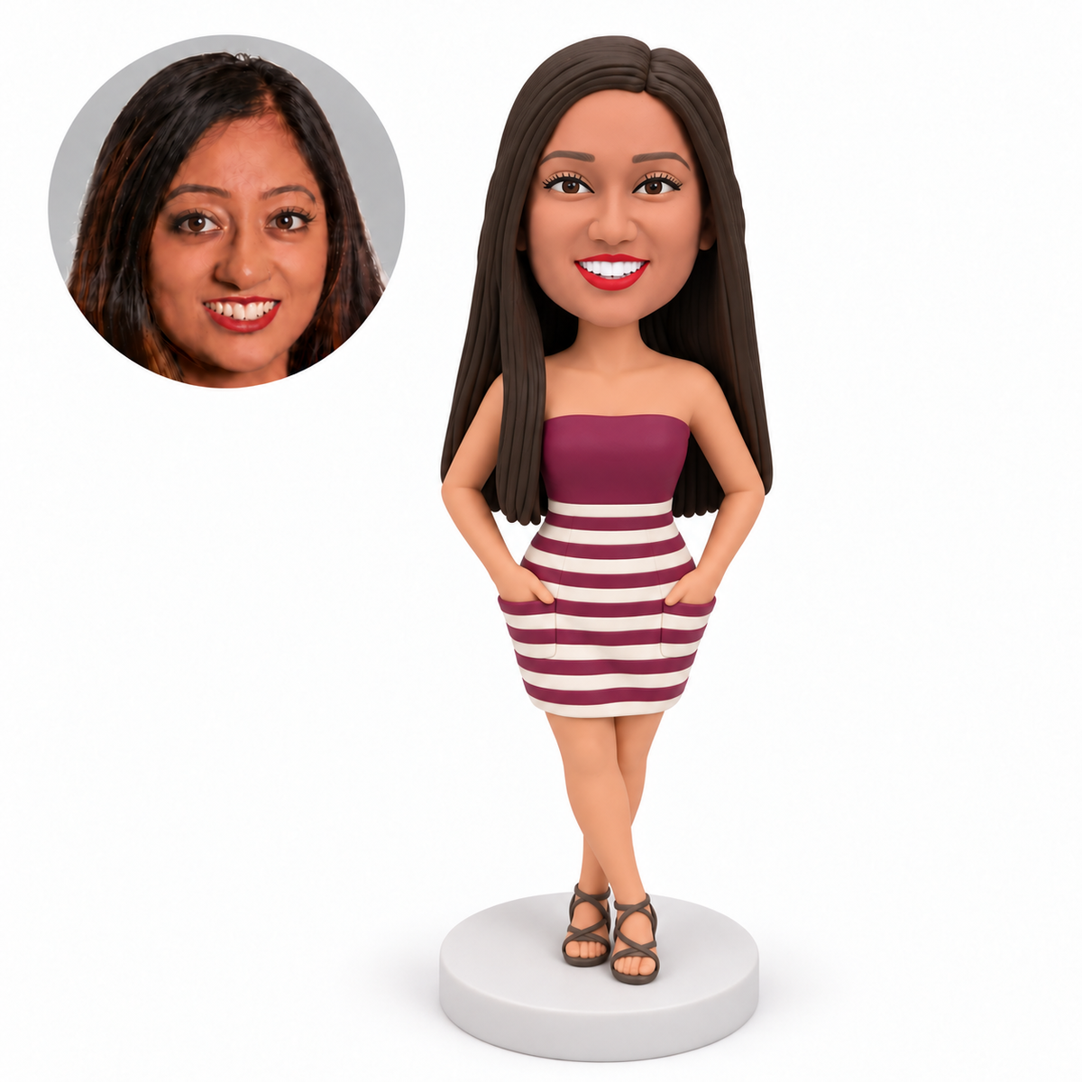 custom bobblehead figure woman in a strapless mini dress with both hands in front pockets and crossed ankles