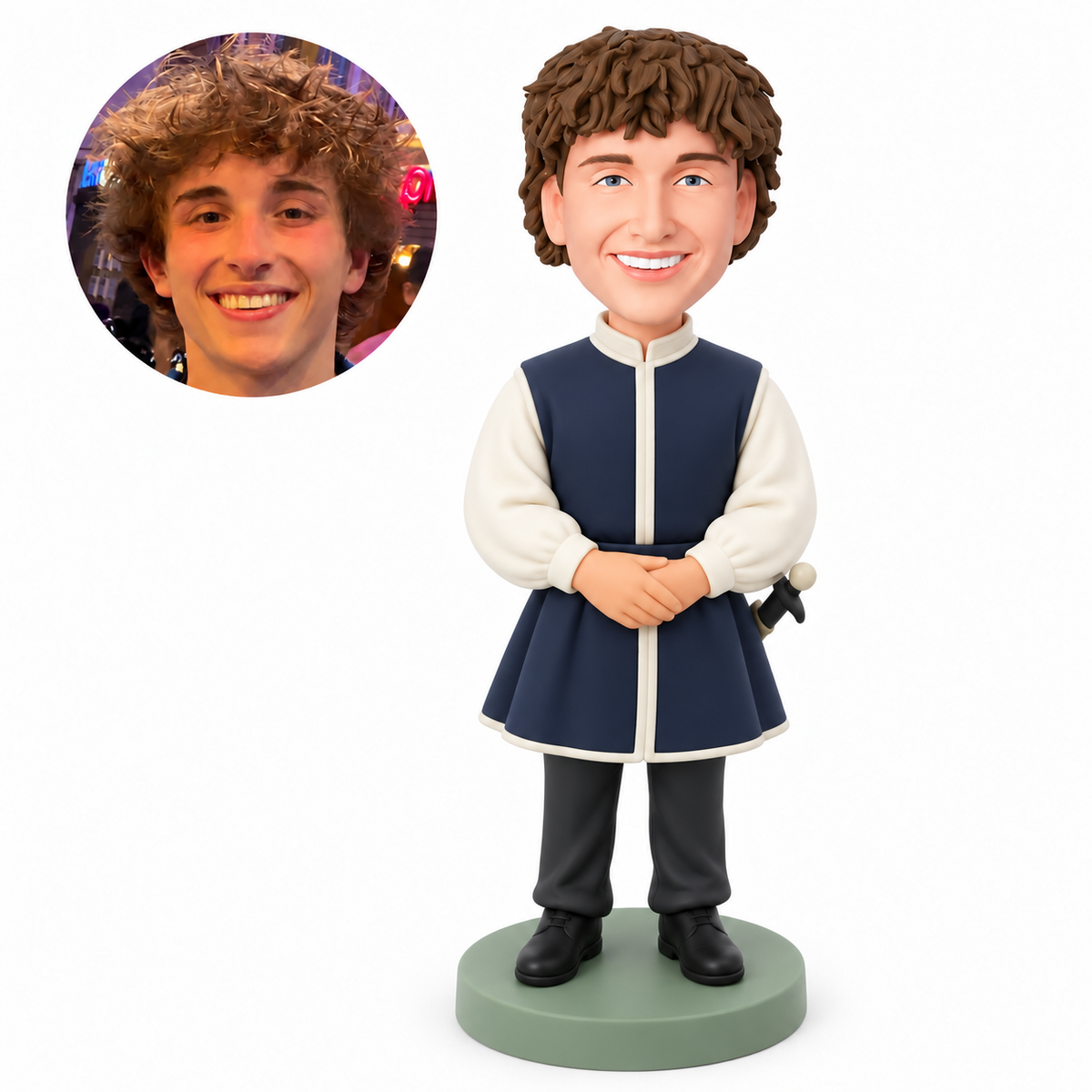 custom bobblehead figure medieval man with folded hands and a sword hilt at his hip