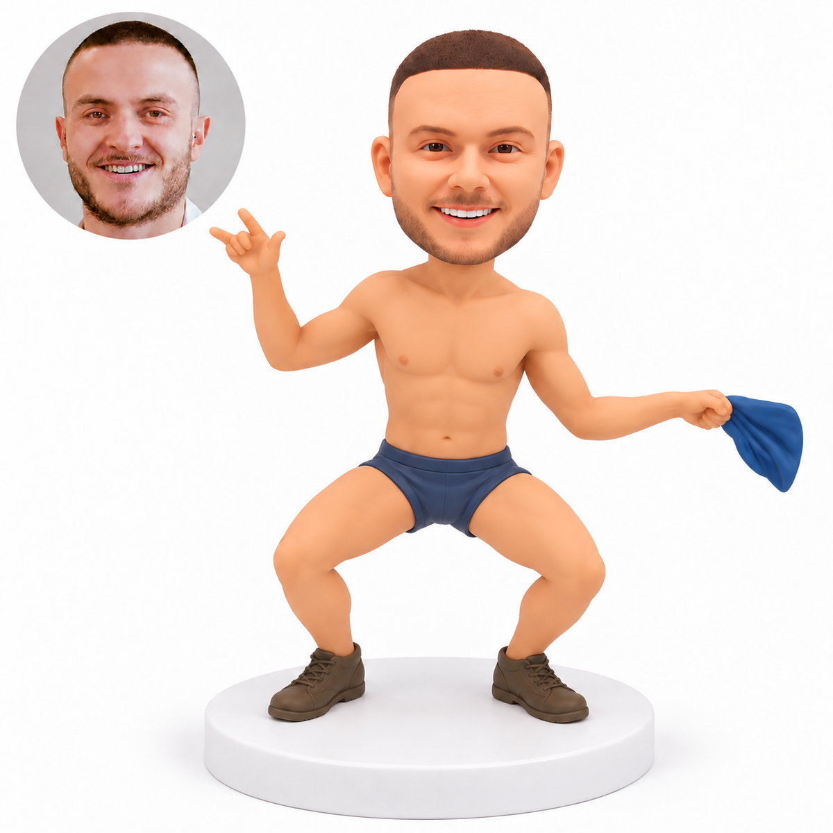 custom bobblehead figure man in a wide crouched pose holding a small blue cloth