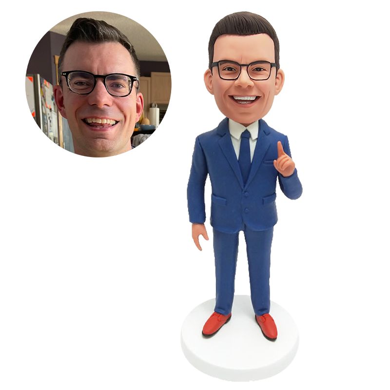customised bobble head figure male boss president finger pointed upward.