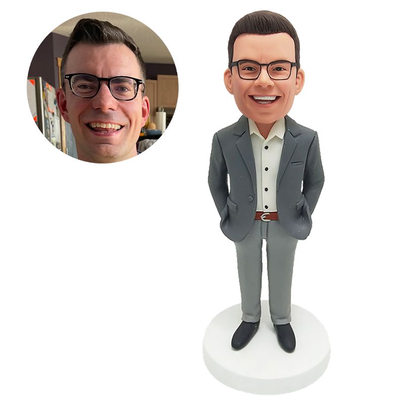 customised bobble head figure male boss president with hands in pockets
