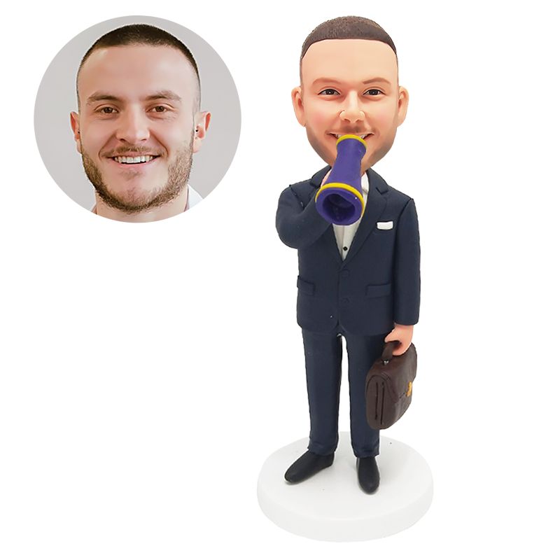 custom made bobble head figure male manager holding a microphone and a briefcase