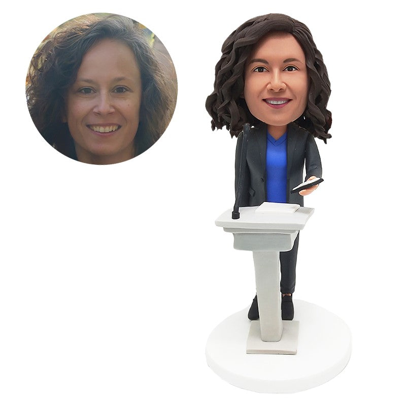 personalised bobblehead figure teacher sales representative business woman boss making a speech in rostrum