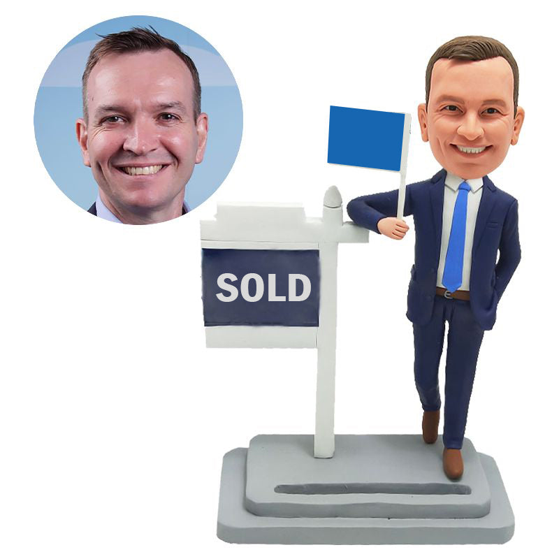 customized bobble head real estate agent business man holding a flag
