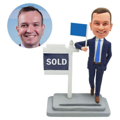 customized bobble head real estate agent business man holding a flag