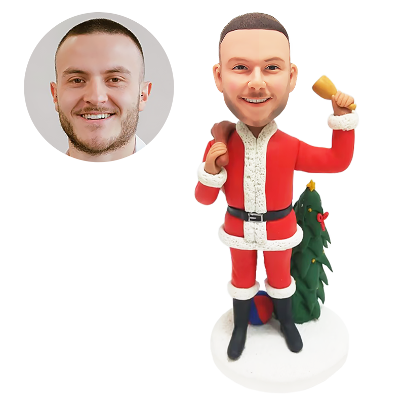 personalized bobblehead figure Christmas Santa holding a bag