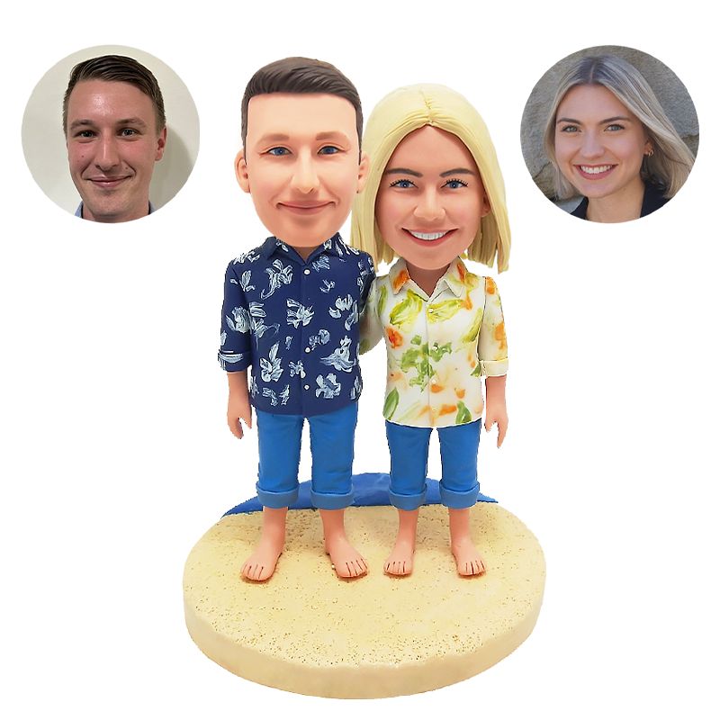 personalised bobble heads figures holiday couple in hawaii clothes