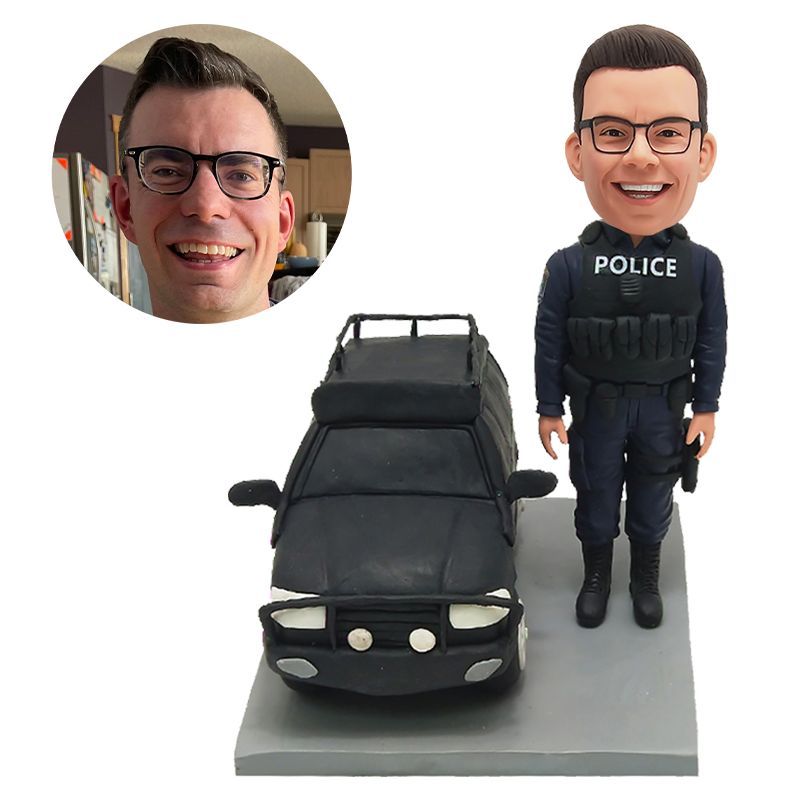 customised bobble head figure policeman police officer with a police car