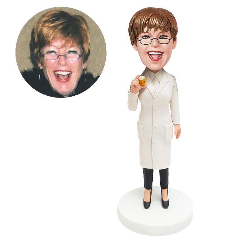 personalized bobblehead figure scrubs female doctor pharmacist holding a medicine bottle