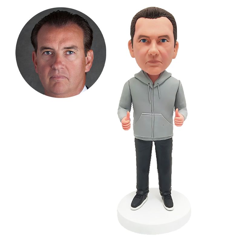 customised bobble head figure leisure man in hoodie with thumbs up