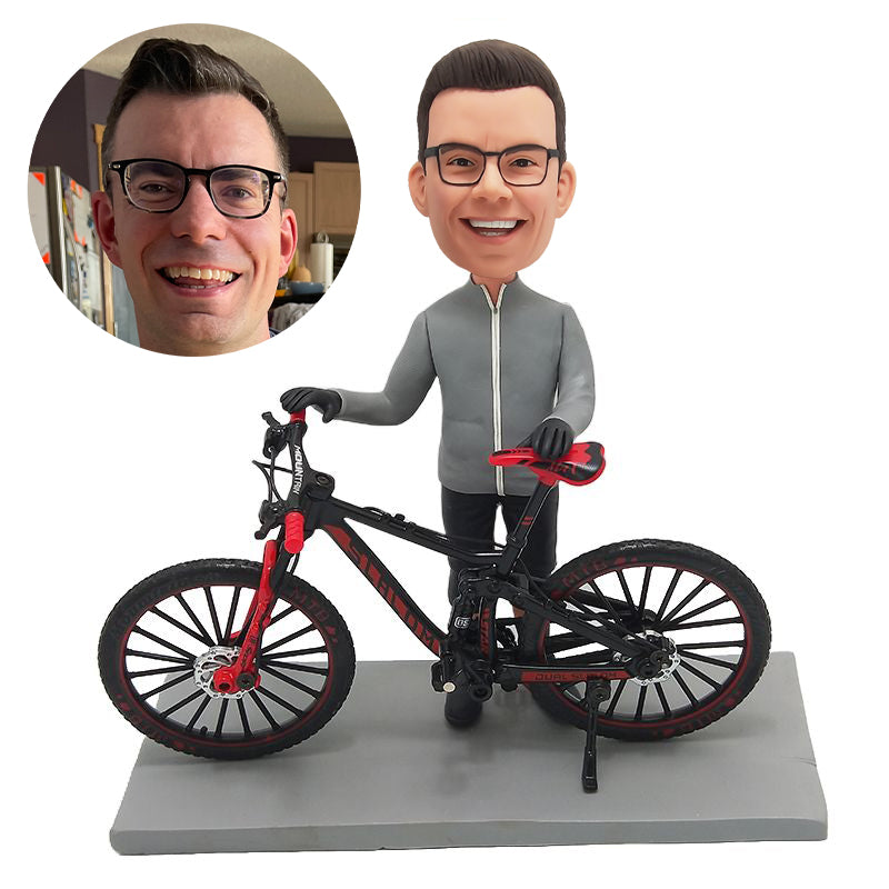 custom bobblehead cyclist figure with a mountain bike