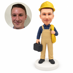 Custom electrician bobblehead holding cable and a tool case