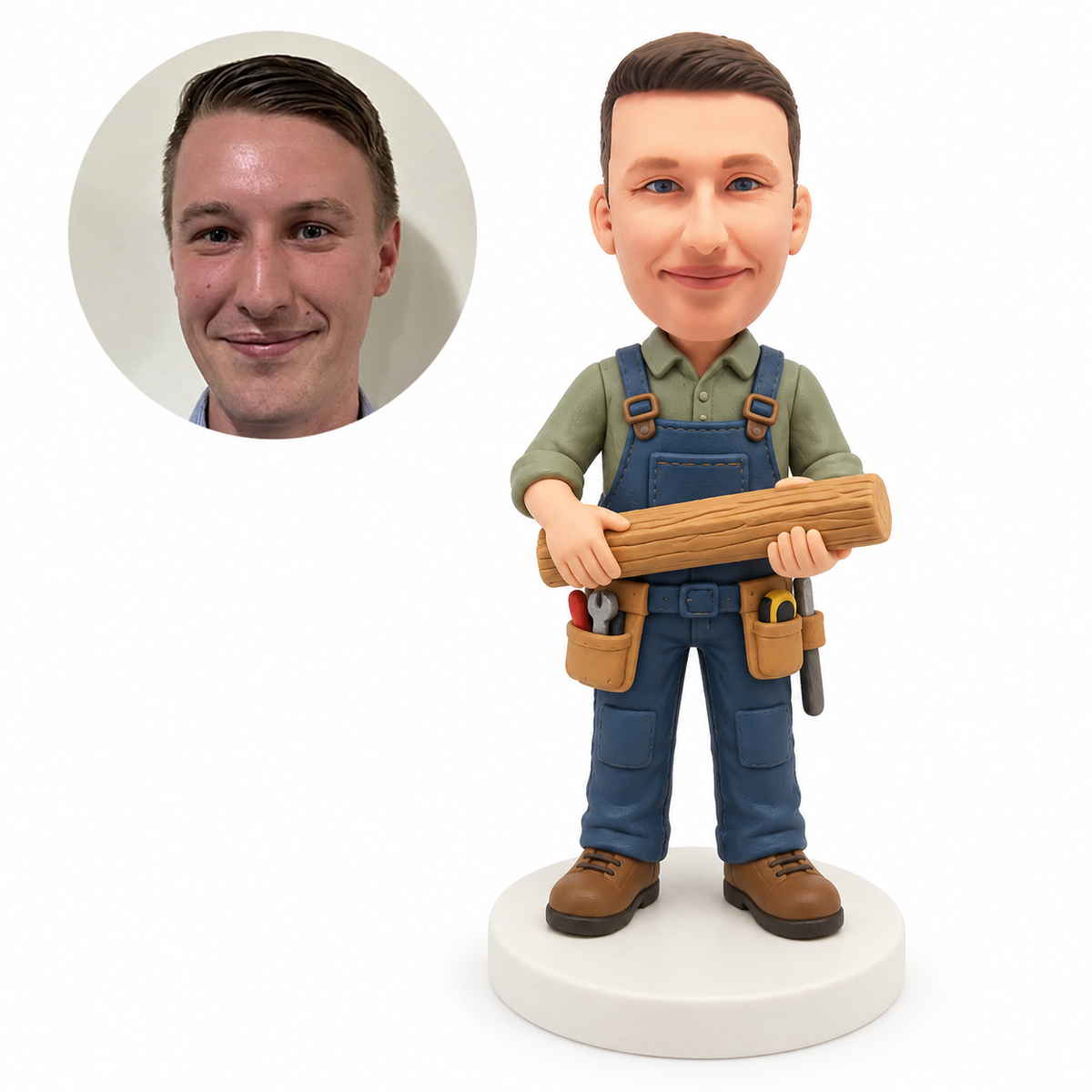custom bobblehead figure carpenter holding timber with a tool belt