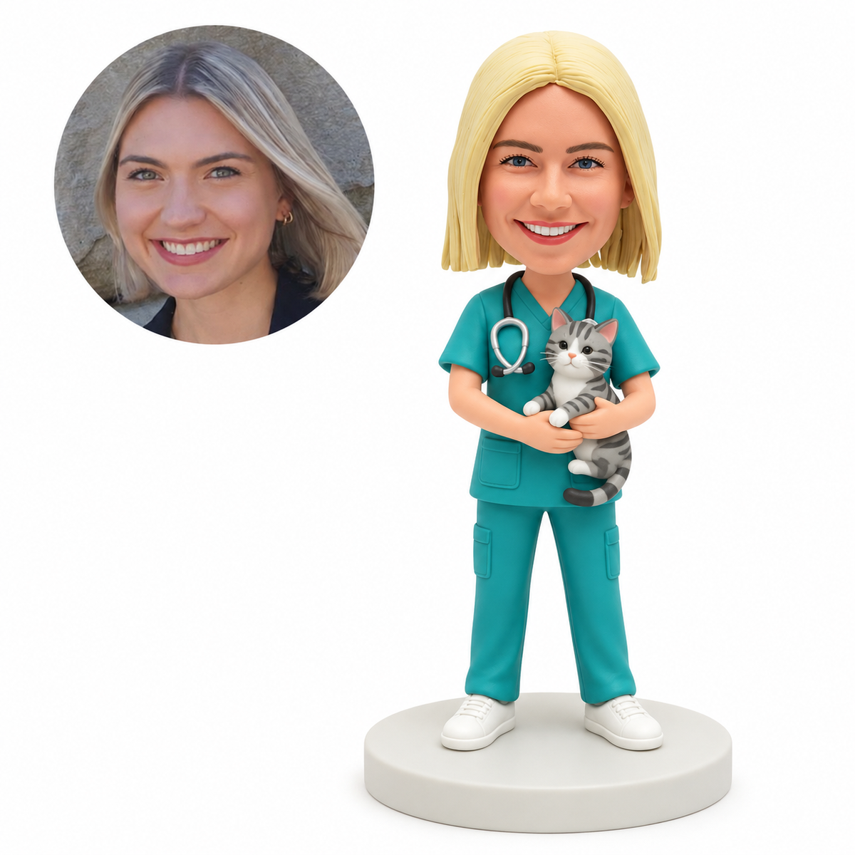 custom bobblehead figure female veterinarian holding a tabby cat