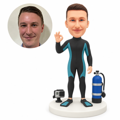 custom bobblehead figure scuba diver with an air tank and action camera