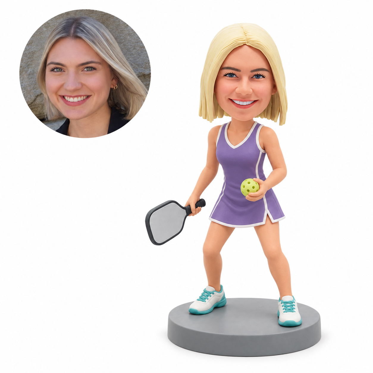 custom bobblehead figure female pickleball player in a purple sports dress