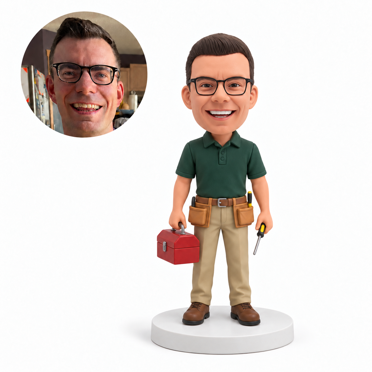 Custom workshop mechanic bobblehead with a hand-sculpted polymer clay head, glasses, a toolbox and screwdriver