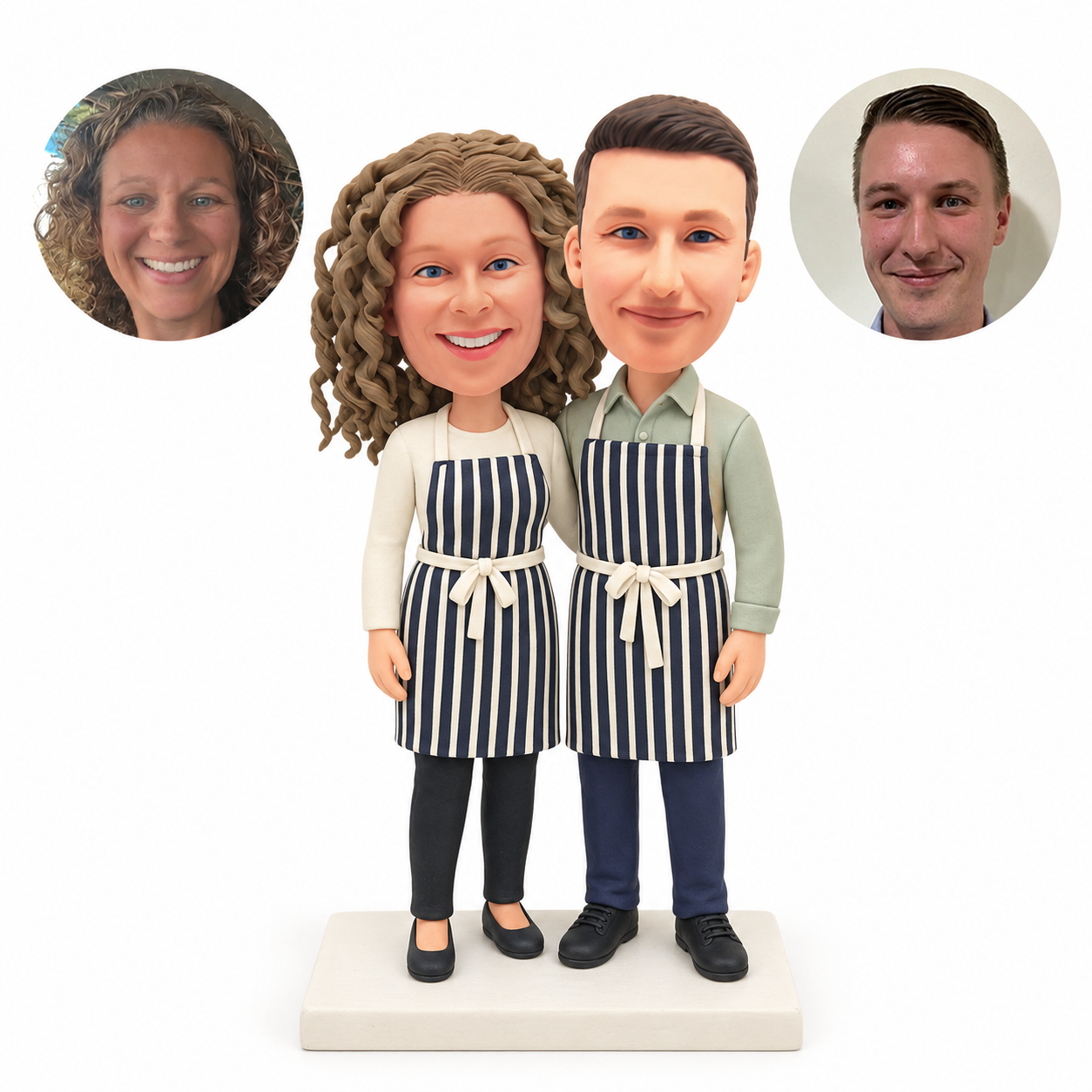 custom bobbleheads figures chef couple in striped aprons