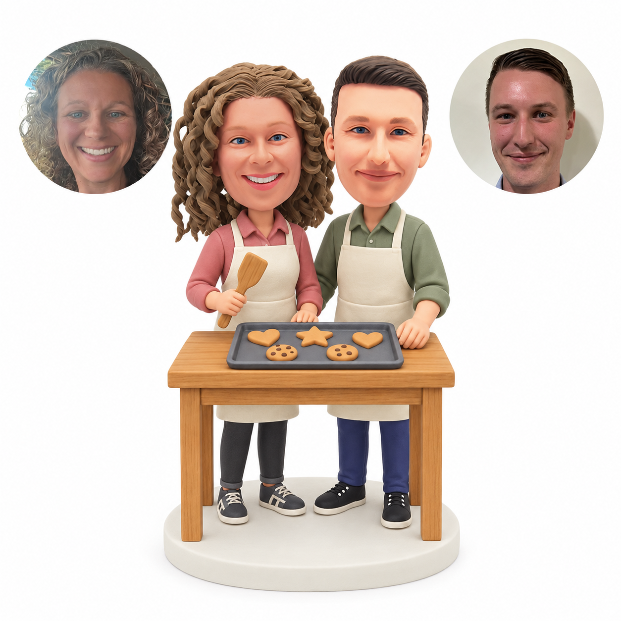 custom bobbleheads figures baking couple with a cookie tray and kitchen table