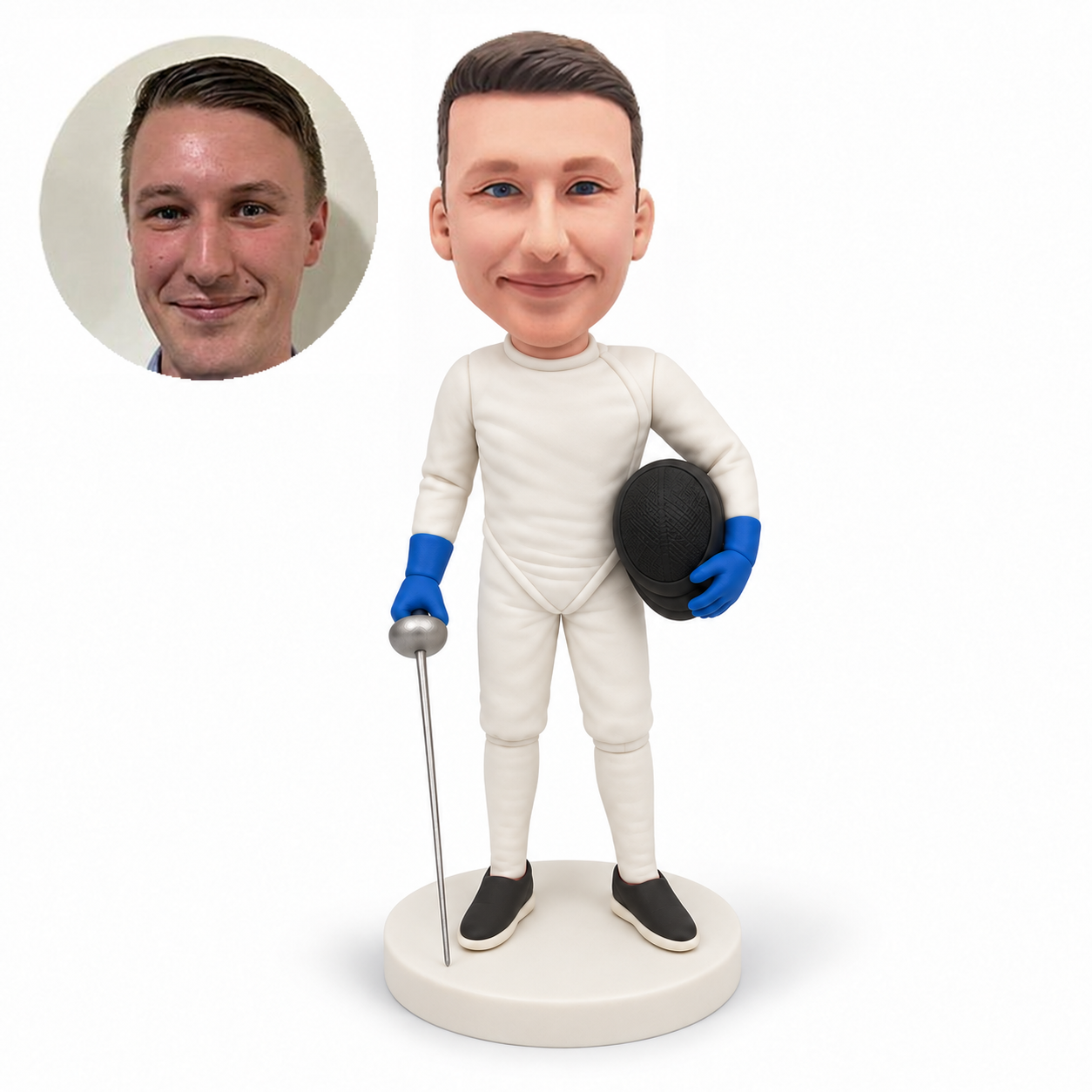custom bobblehead figure male fencer holding a mask and foil