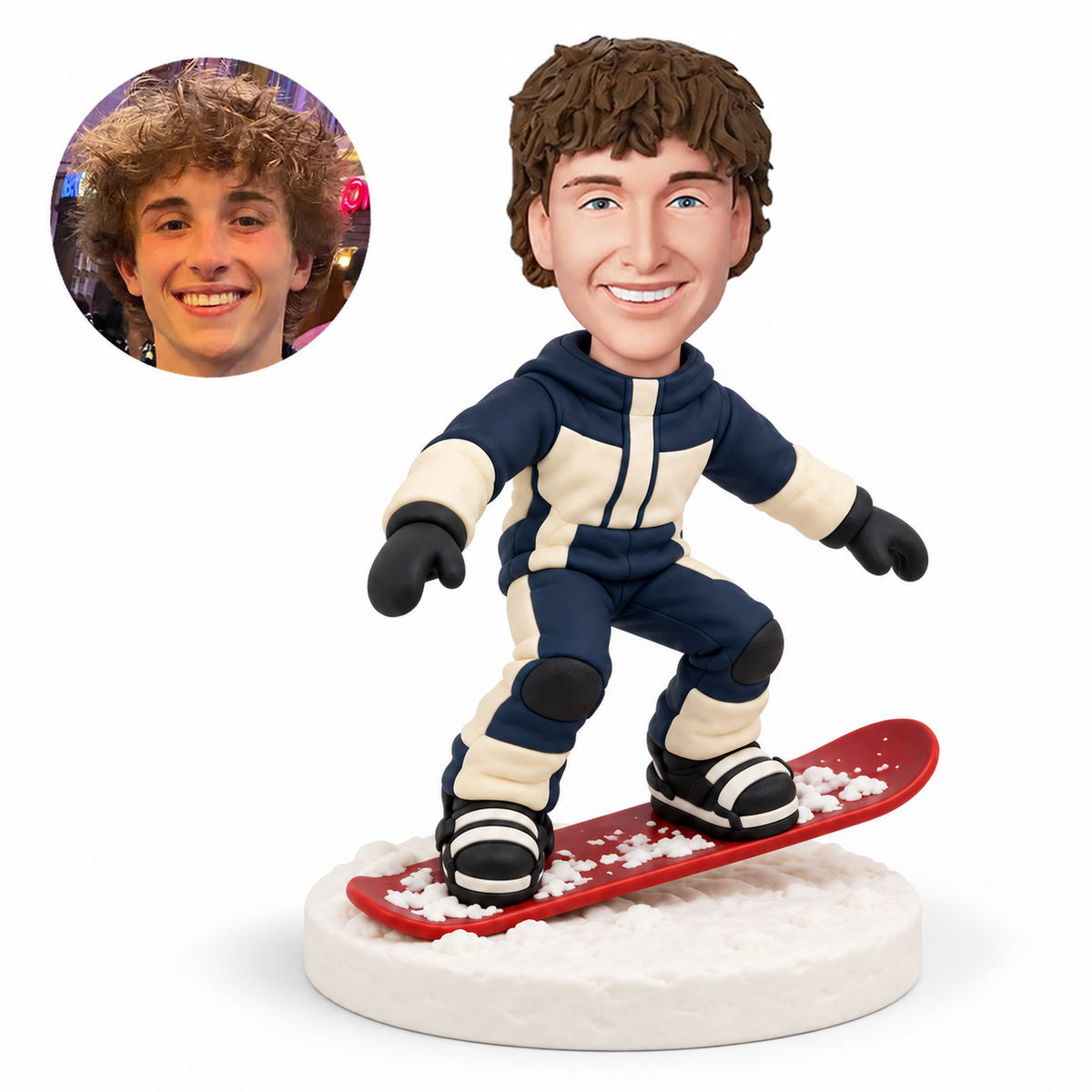 custom bobblehead figure male snowboarder in an action pose