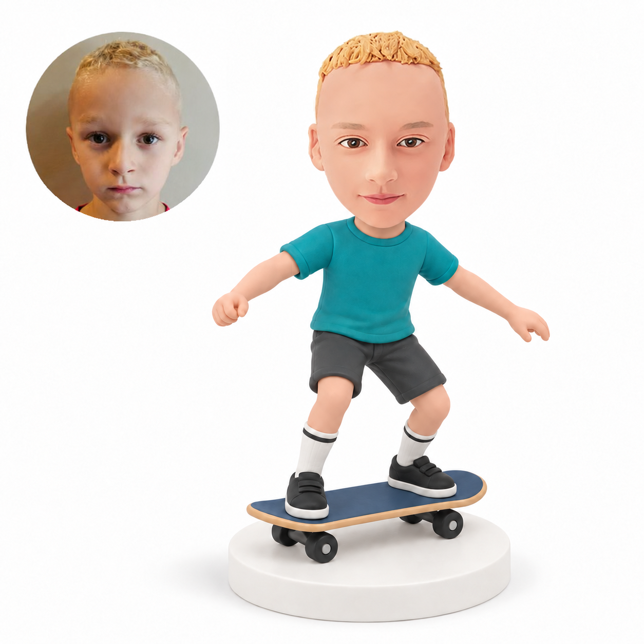 custom bobblehead figure young boy balancing on a skateboard