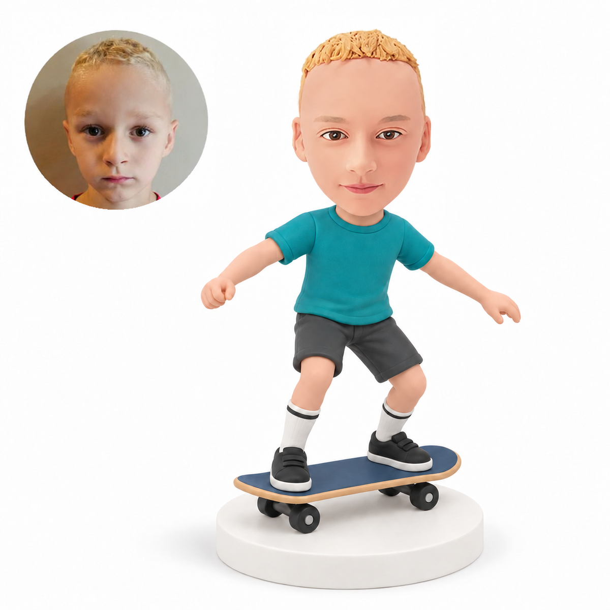 custom bobblehead figure young boy balancing on a skateboard