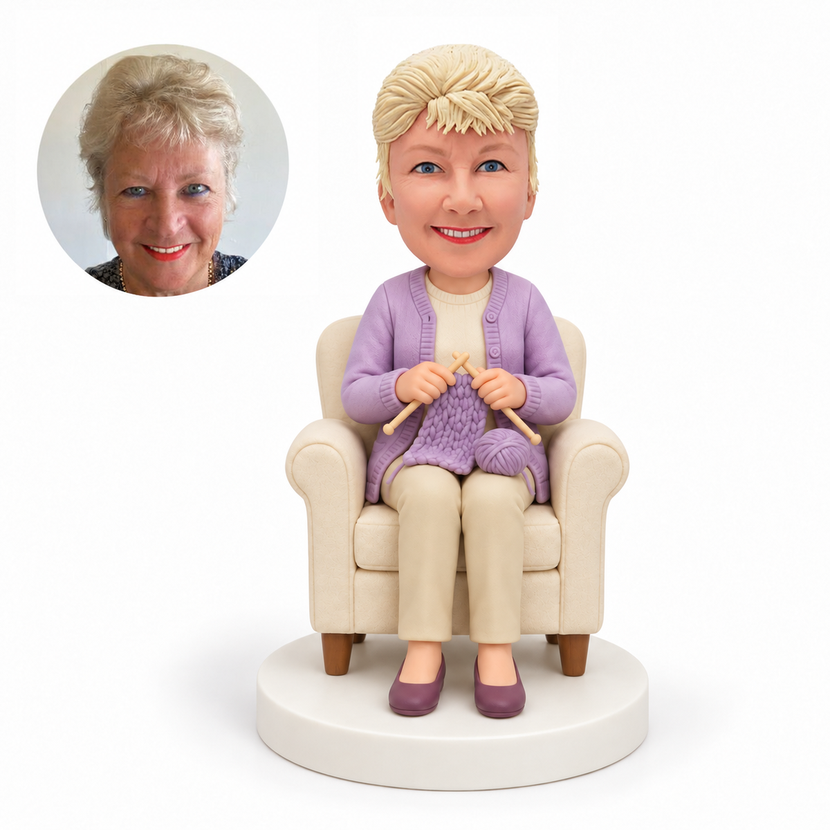 custom bobblehead figure older woman knitting in an armchair