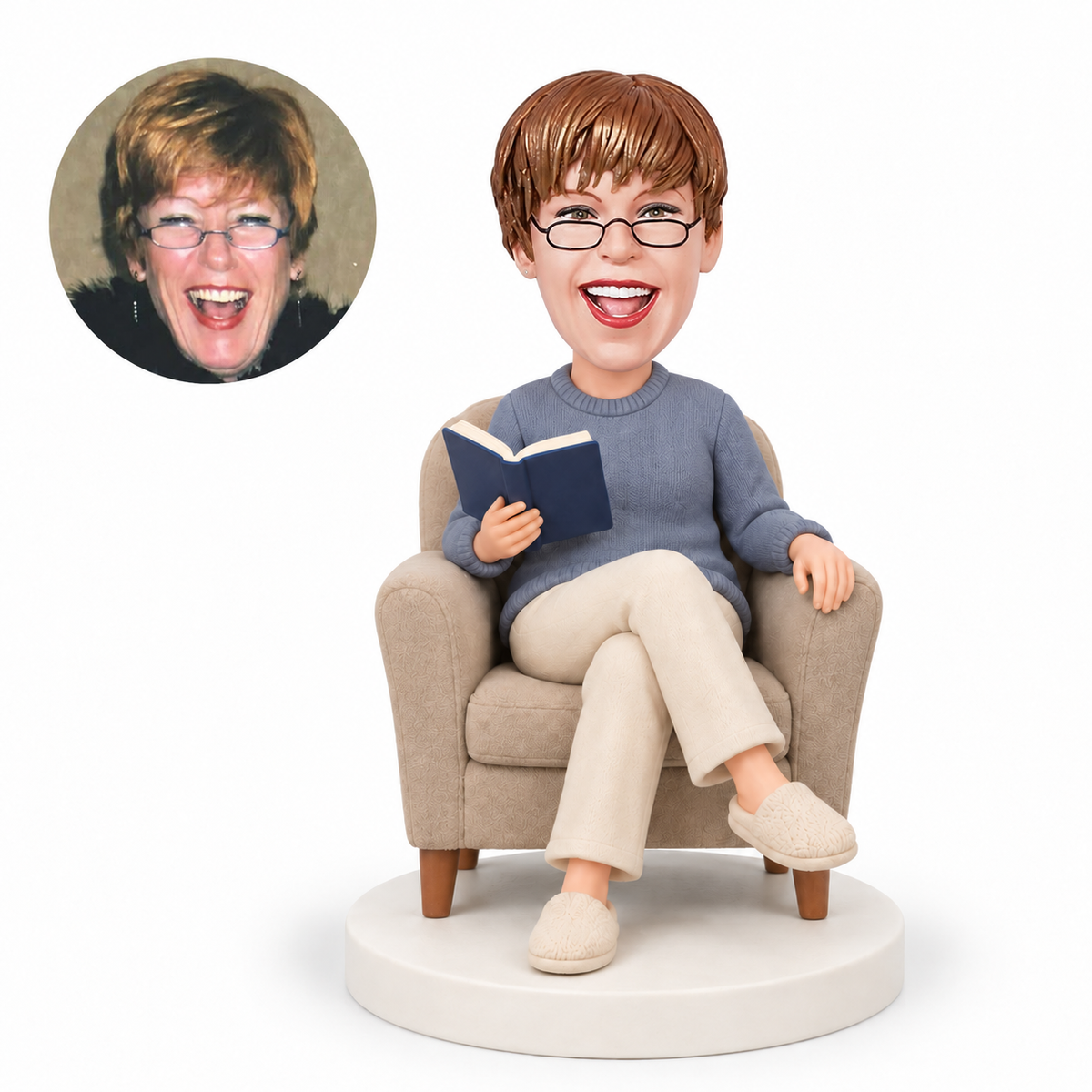 custom bobblehead figure older woman reading a book in an armchair