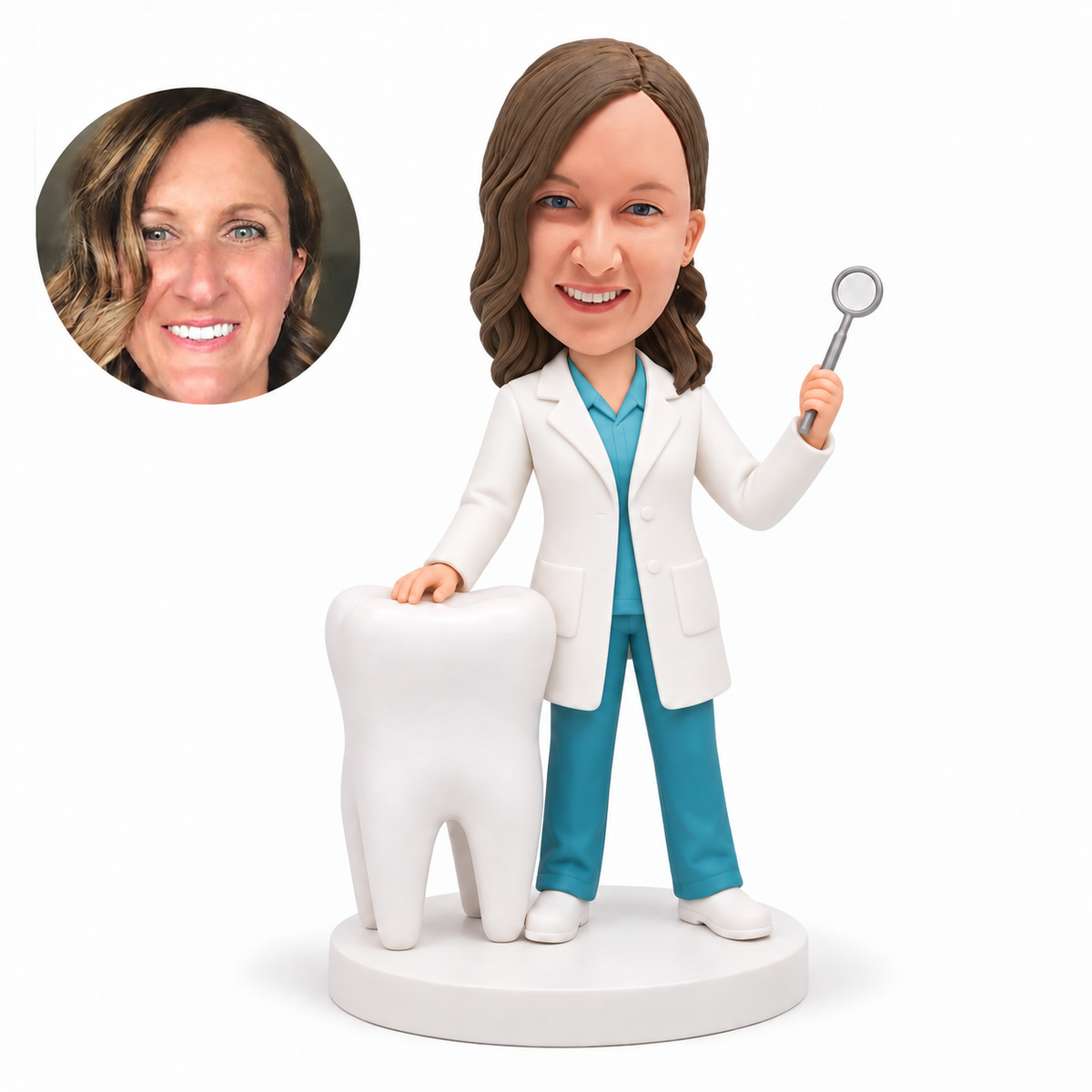 custom bobblehead figure female dentist with a giant tooth model