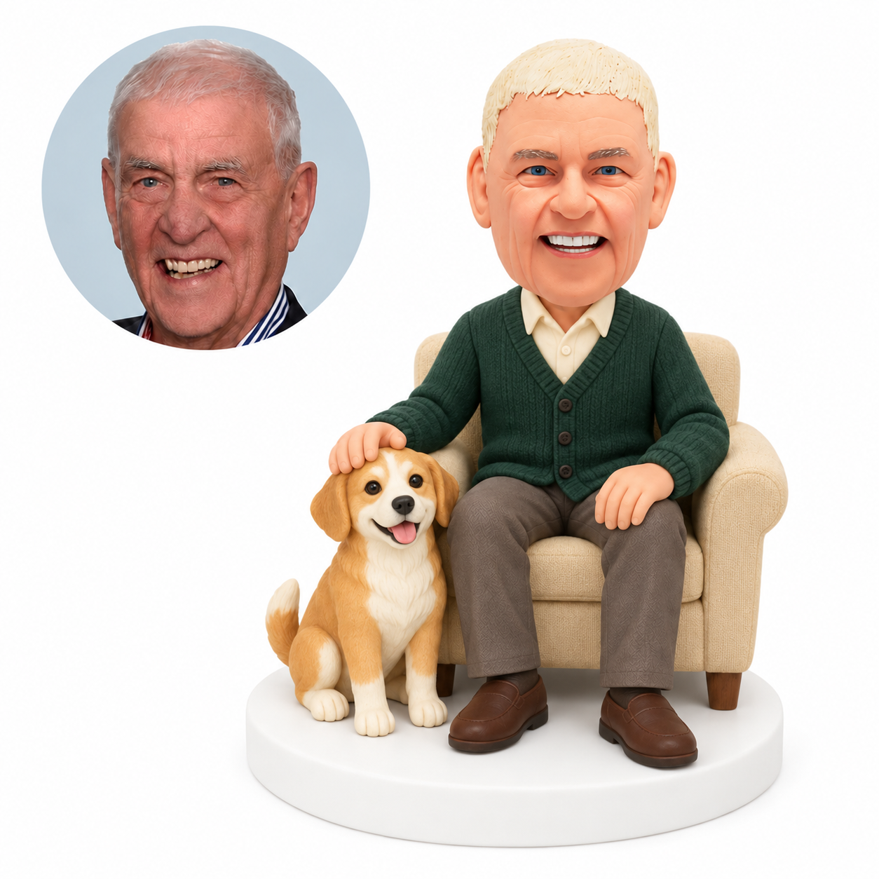 custom bobblehead figure older man seated in an armchair with a dog