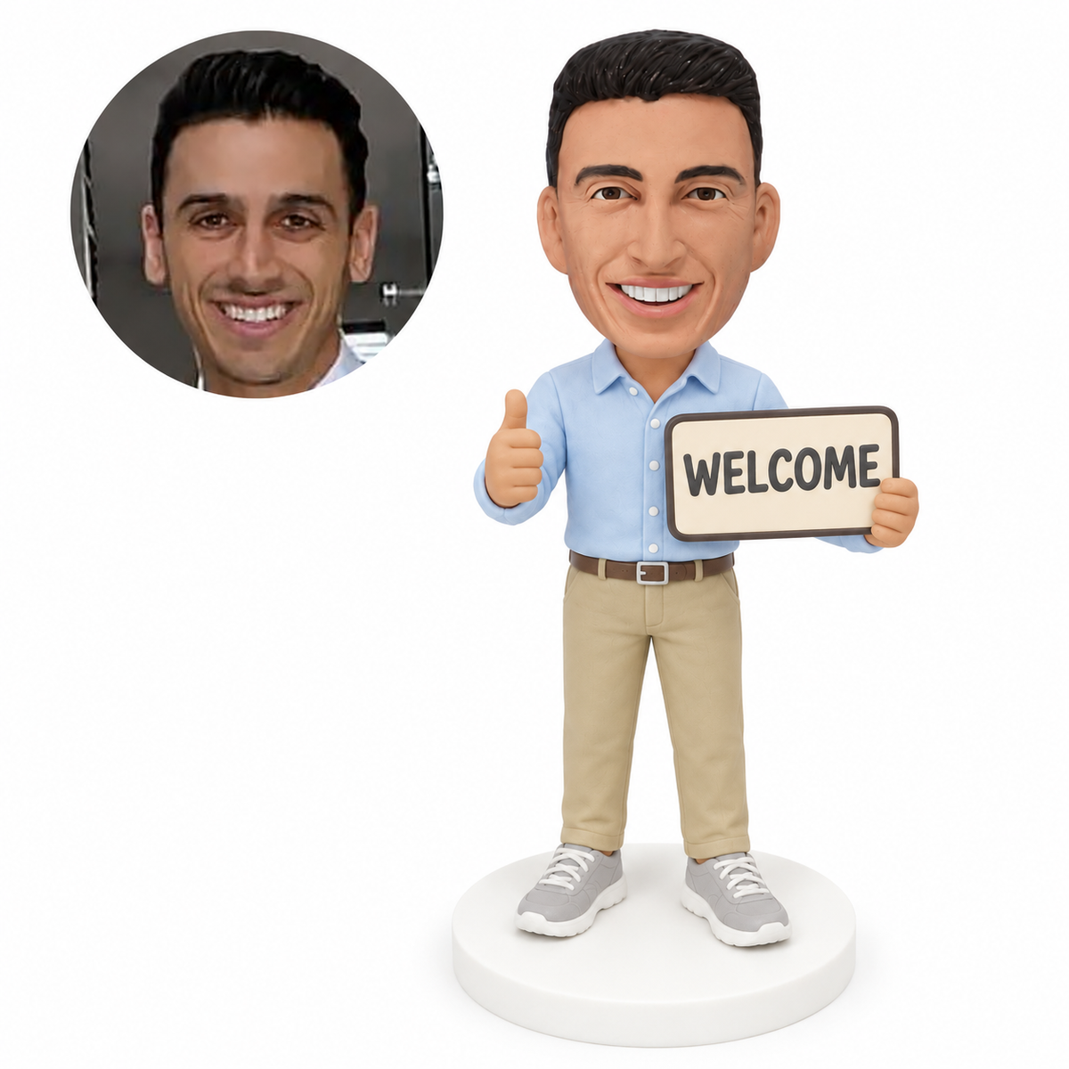 custom bobblehead figure man holding a welcome sign and giving a thumbs up