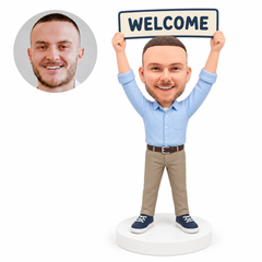 custom bobblehead figure man holding a welcome sign overhead