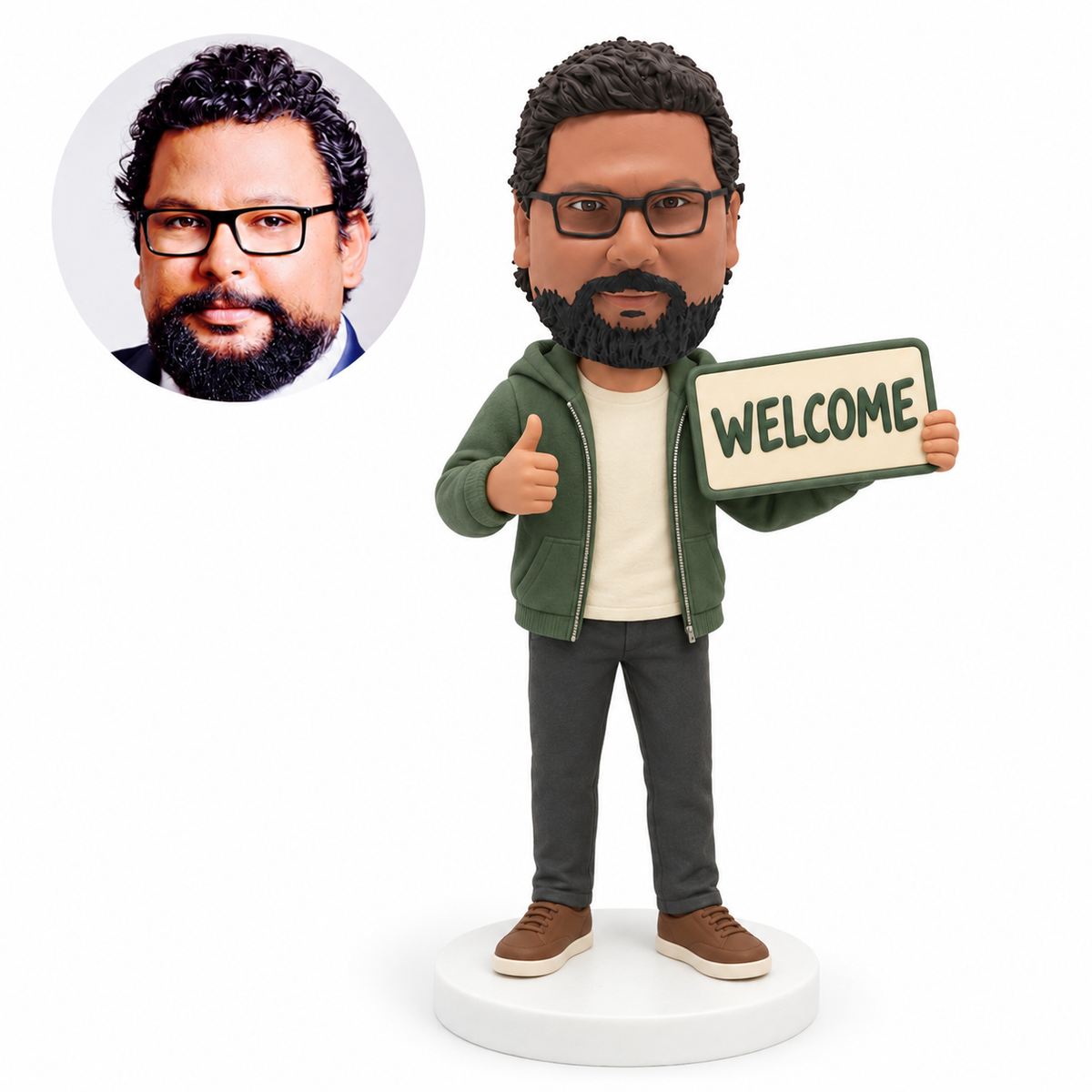 custom bobblehead figure man in a casual jacket holding a welcome sign