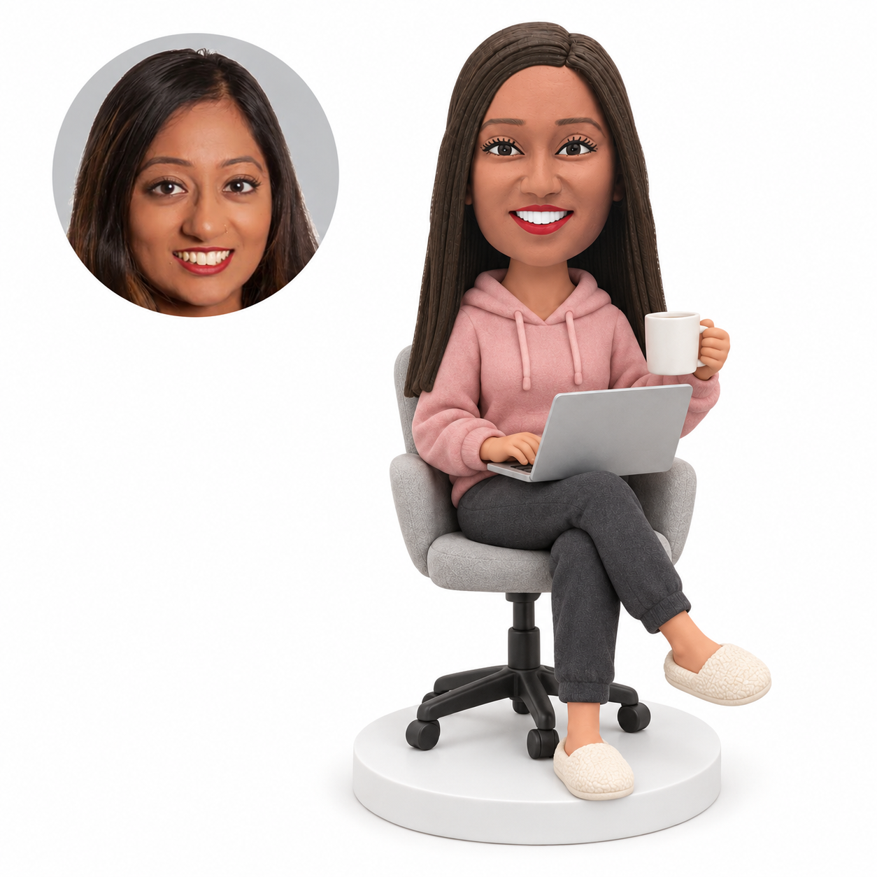 custom bobblehead figure woman seated in an office chair with a laptop and coffee