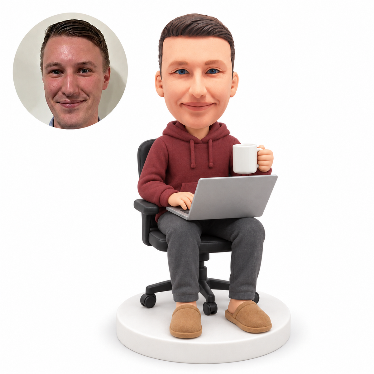 custom bobblehead figure man seated in an office chair with a laptop and coffee