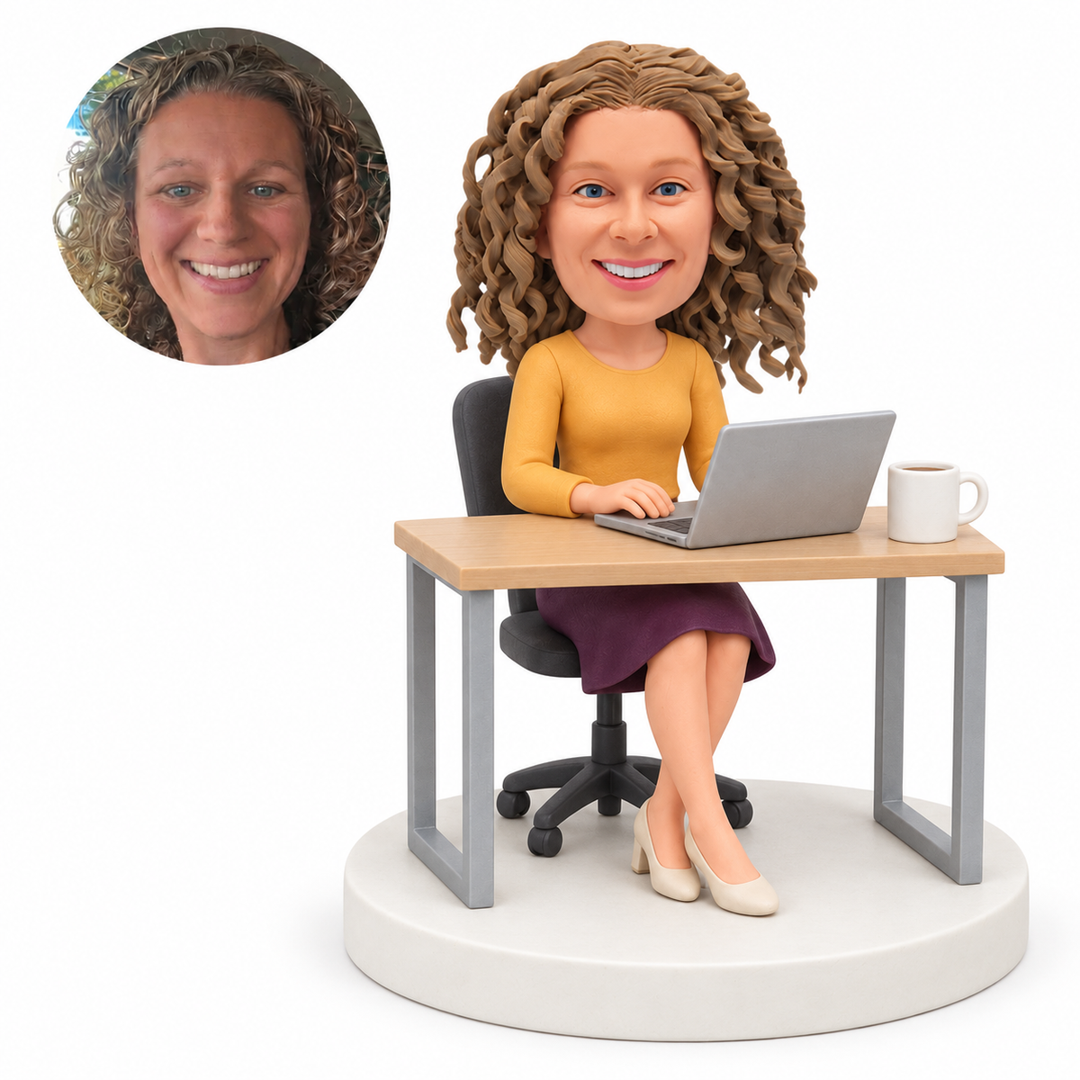 custom bobblehead figure woman working at a desk with a laptop and coffee