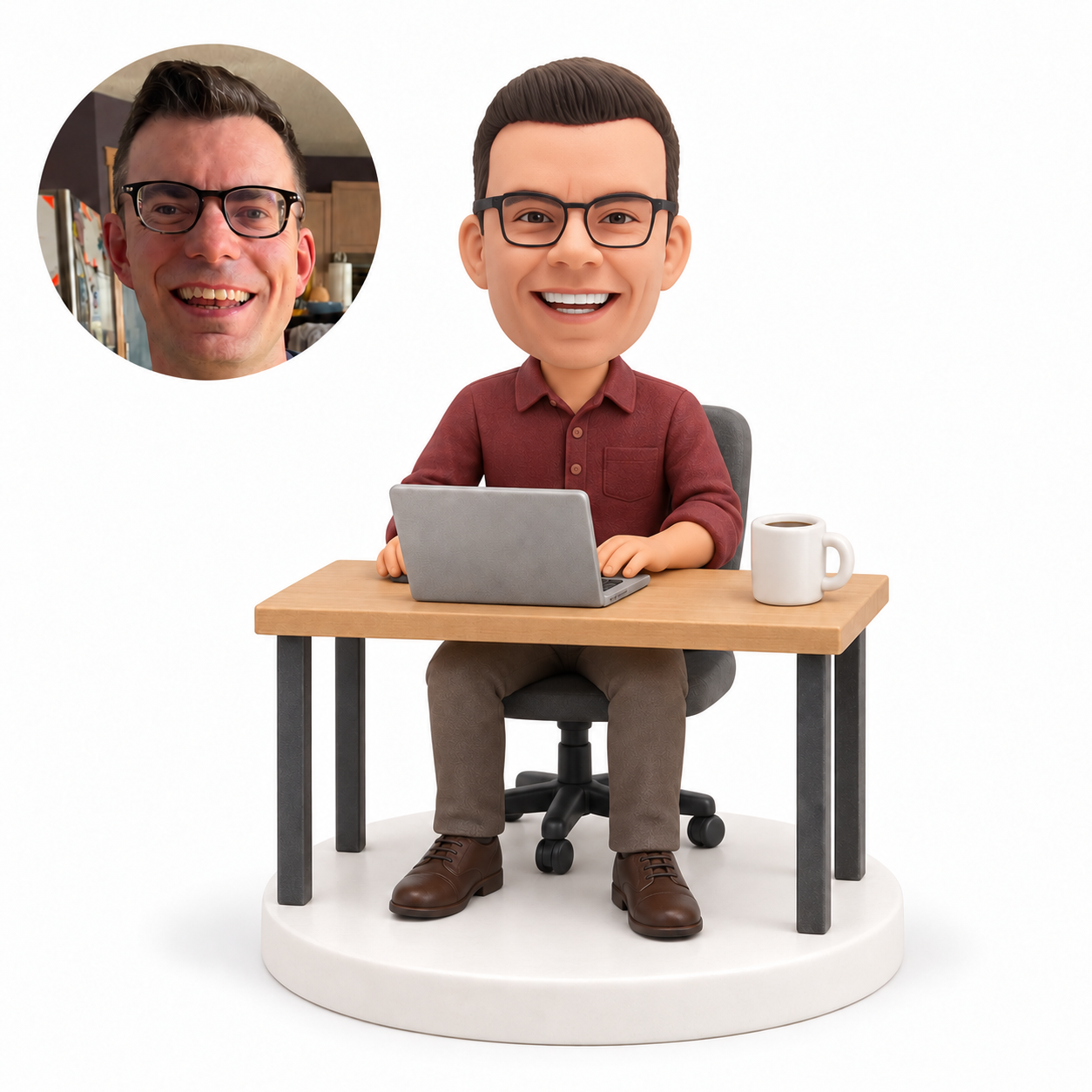 custom bobblehead figure man working at a desk with a laptop and coffee